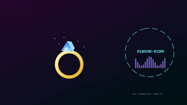 Virtual gifting interface shown in a rotating sequence featuring a golden ring icon with floating diamonds and fluctuating audio waveforms against a dark purple gradient backdrop