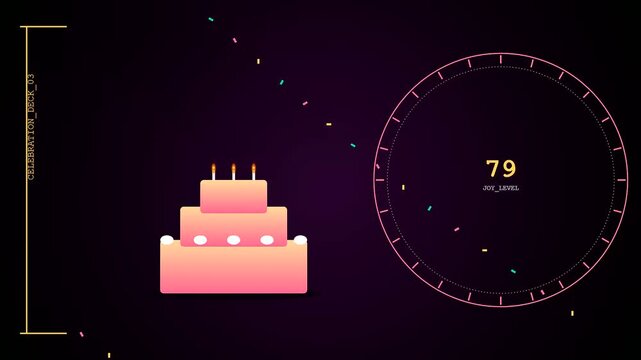 A digital virtual gifting interface shows a birthday cake icon increasing in joy level status as colorful confetti particles drift across a dark purple computer display monitor