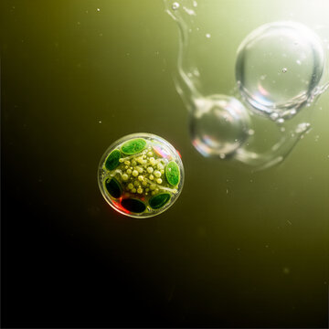 Microscopic Algae Cells Suspended in Water with Micro Bubbles under Laboratory Light