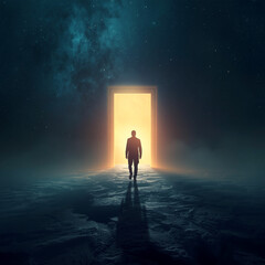 Silhouette of a man walking towards a bright glowing portal in a cosmic landscape under a starry night sky