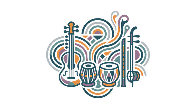 Abstract line art of sitar and tabla instruments.