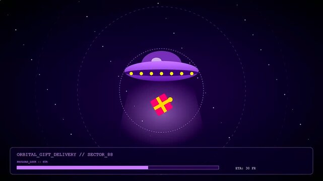 A digital virtual gifting interface depicts a levitating glowing saucer descending with a wrapped present inside deep space during an animated progress bar sequence simulation