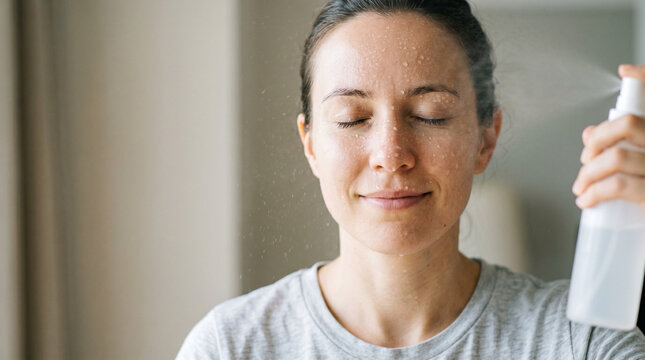 Woman spraying water mist on face cooling down during hot weather. Female refreshing skin with moisturizing spray bottle. Summer heat temperature relief and skincare hydration concept.