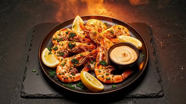 Charred grilled shrimp platter with lemon and dipping sauce.