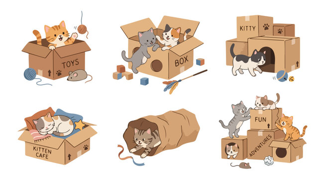 Illustration of multiple cats playing with cardboard boxes and tubes on a white background in a lively and playful mood.