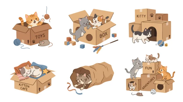 Illustration of multiple cats playing with cardboard boxes and tubes on a white background in a lively and playful mood.