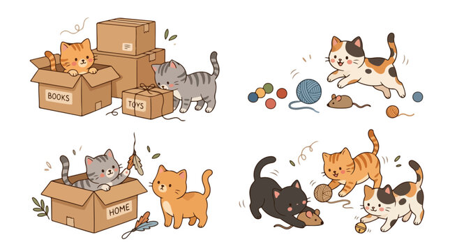 Colorful illustration of multiple cats and kittens playing with cardboard boxes and toys on a white background with a playful mood.
