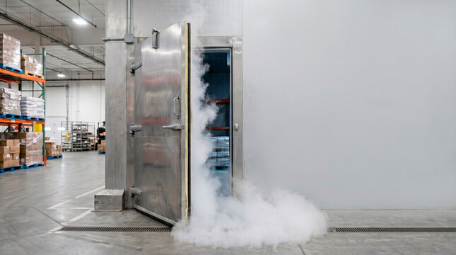 Open door of industrial freezer with cold steam escaping into warm air warehouse. Temperature contrast and thermal shock concept. Refrigeration technology for food storage logistics.