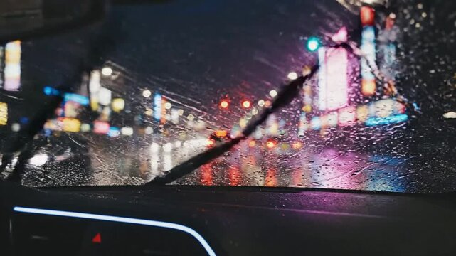 Rainy night drive through city traffic with neon bokeh lights and windshield wipers driving