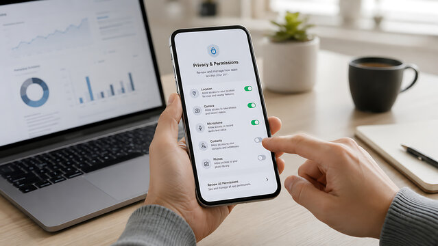 Person Managing Mobile App Privacy Settings and Permissions with Smartphone at Desk Next to Laptop