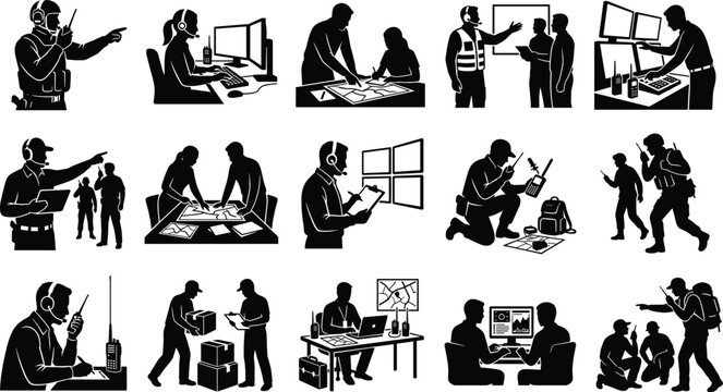 Command center icon set. Emergency dispatch, military operation control room, vector illustration