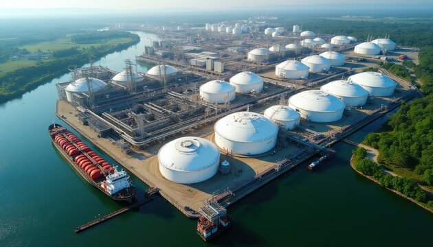 Large natural gas terminal with storage tanks and pipelines sits by a wide river. Ships dock at the industrial complex for bulk cargo transport. Infrastructure development.