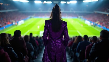 Naklejka premium Woman in sparkling purple coat watches soccer game from stadium seats. Spectator enjoys football match, surrounded by crowd. Bright field lights illuminate green pitch for play.