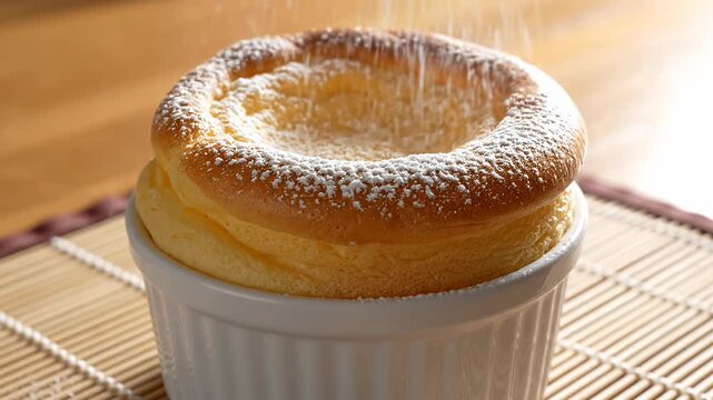 Fluffy souffl&eacute; cake in white ceramic ramekin