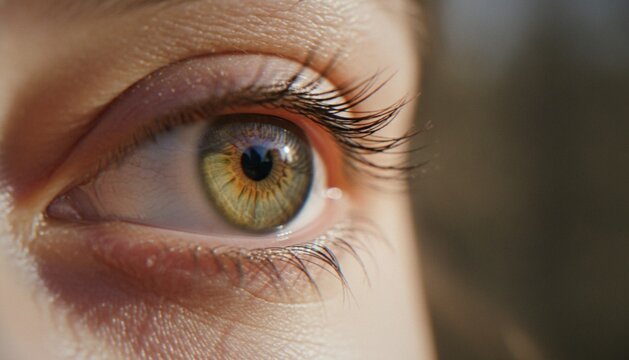 Extreme close-up of a human eye with a green and hazel iris, focusing on the intricate patterns of the iris and long eyelashes.