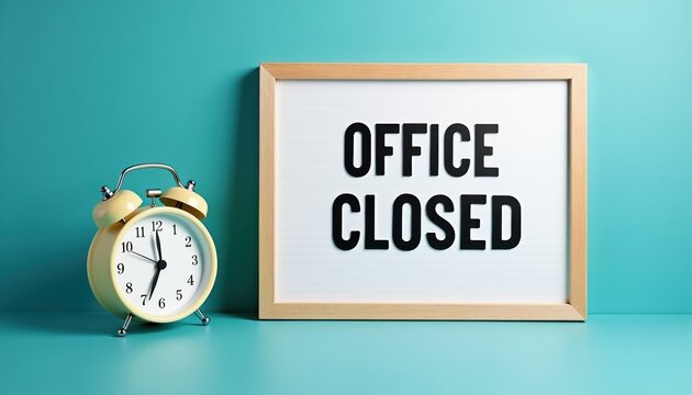 Retro alarm clock and wooden frame display OFFICE CLOSED message. Time to stop work, take a break, or start holiday. Quiet, no people, clean background signals end of business day.