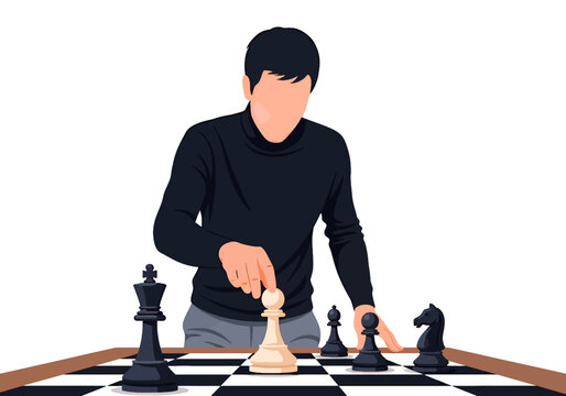 Vector illustration of a faceless man wearing a black shirt moving a white chess piece.
