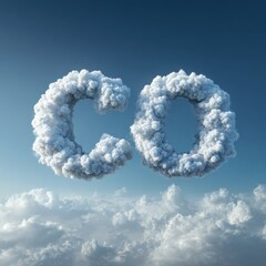 Naklejka premium Creative depiction of carbon dioxide letters formed by fluffy white clouds floating above a bright blue sky with additional clouds below in a serene atmosphere