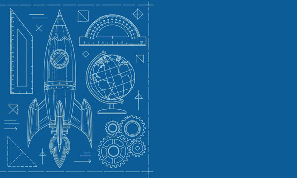 Minimalist blue design image with white lines in the shape of a rocket, globe, gears, and drawing tools symbolizing innovation and technical planning with copy space on the right.