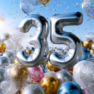 Metallic silver balloons shaped as number 35 floating among colorful confetti-filled and shiny balloons against a clear blue sky background celebrating a special mil
