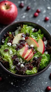 Fresh green leafy salad bowl topped with crisp apple slices, dried cranberries, and crumbled white cheese on a dark textured surface with a whole red apple nearby