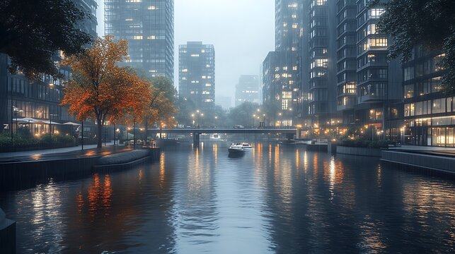 Autumnal city canal boat fog morning commute