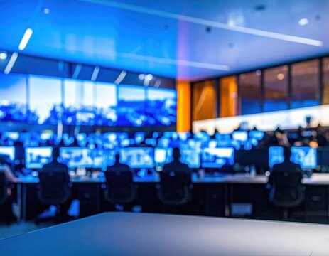 Modern control room interior with staff working at computer stations. Multiple glowing monitors, large wall display, blue lighting, corporate office environment.