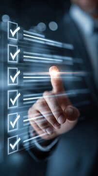 Businessman interacting with a futuristic digital checklist interface, selecting and marking completed tasks on a transparent screen with glowing effects and motion