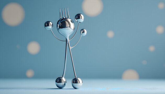 Silver fork character with round ball feet stands upright, showcasing a playful design against a soft blue background in a whimsical, artistic representation