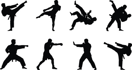 Black silhouettes set of martial arts fighters practicing karate kicks boxing punches and judo throws © Sadhin Artlance