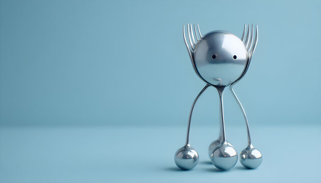 Silver fork character with round ball feet stands upright, showcasing a playful design against a soft blue background in a whimsical, artistic representation