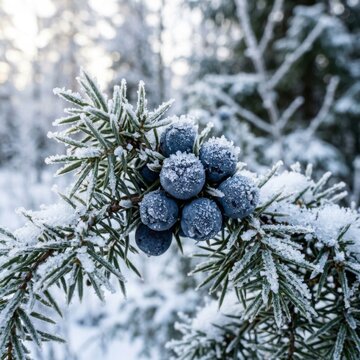 Juniper berries on pine branch covered in winter frost snow with botanical seasonal evergreen