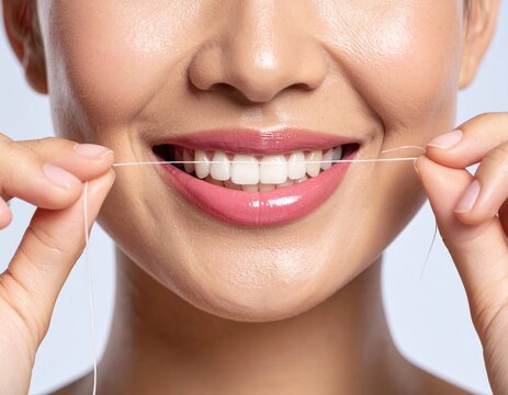 Close-up of a smiling woman flossing teeth with dental floss, showing oral hygiene routine, dental care, health, wellness, teeth whitening, dentistry service.