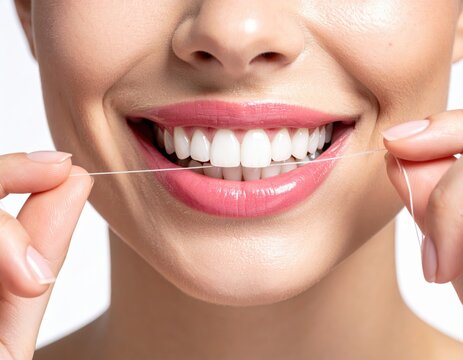 Close-up of a person flossing teeth. Person holds dental floss string against white teeth, pink lips, skincare, dental hygiene, oral health, teeth whitening.