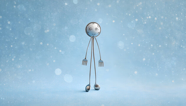 Silver fork character with round ball feet stands upright, showcasing a playful design against a soft blue background in a whimsical, artistic representation