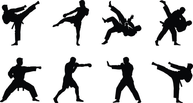 Black silhouettes set of martial arts fighters practicing karate kicks boxing punches and judo throws