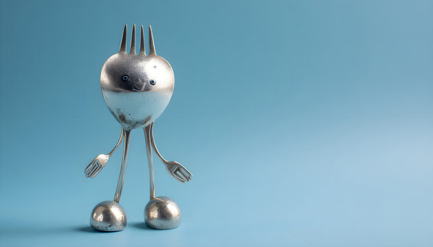 Silver fork character with round ball feet stands upright, showcasing a playful design against a soft blue background in a whimsical, artistic representation