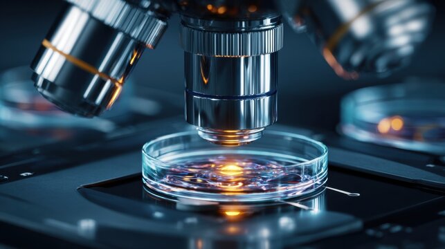 Laboratory microscope analyzing a petri dish with glowing sample under precise illumination for advanced scientific research and microscopic examination