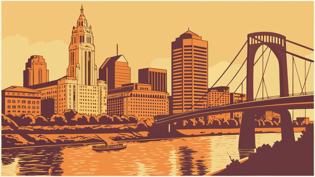 Columbus ohio city skyline and bridge over the scioto river