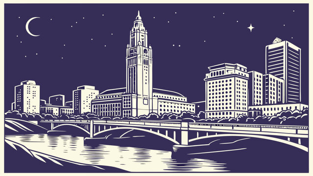 Columbus skyline at night with river and bridge