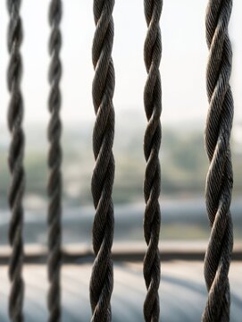Strong steel cables twisted tightly to provide structural support against a blurred urban outdoor background symbolizing industrial strength and durability