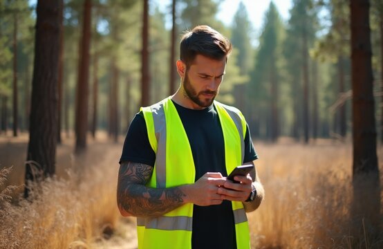 Man wearing high visibility vest stands in forest using smartphone. Worker checks device near pine trees. Bearded person with tattoos uses mobile phone outdoors in nature.