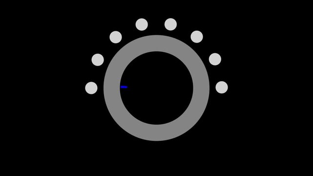 Glowing circular interface dial turning up with green neon indicator dots on a black background. Ideal for audio, UI, or progress tech visuals.