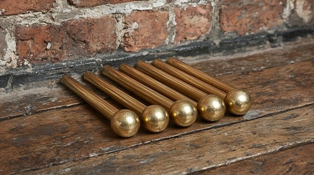 Five brass fireplace feet with ball ends on wood.