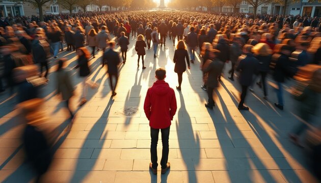 Man stands still in red jacket facing crowd moving past. People walk in one direction blur, lone person sharp, opposite flow. Crowd motion blur contrasts solitary figure.