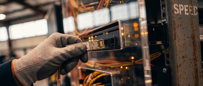 Network engineer hand plugging SFP transceiver module into server rack switch chassis in datacenter, maintaining IT infrastructure connectivity in industrial technology facility context.
