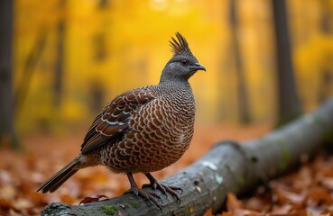 Obraz premium Ruffed grouse bird sits on fallen log in forest during autumn. Its brown patterned feathers blend with fallen leaves under warm yellow trees. Wild bird is still. Nature scene.