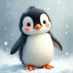 Fototapeta premium Cute fluffy baby penguin with orange feet and beak stands in snow. Small bird has pink cheeks, dark eyes. Winter scene with falling snowflakes, soft blue background. Adorable character.