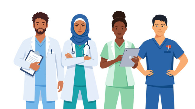 Diverse medical team illustration featuring multicultural doctors and nurses in scrubs and lab coats.