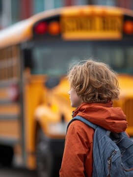 Young student with backpack waiting in front of a traditional yellow school bus on a chilly autumn day preparing for a school journey